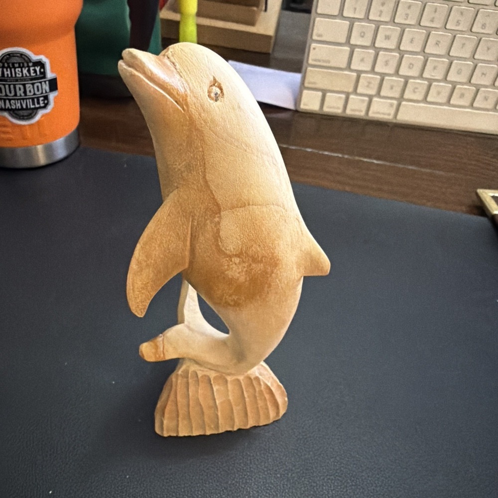 Vintage Hand Carved Wooden Dolphin Figurine On Base 6" Tall!